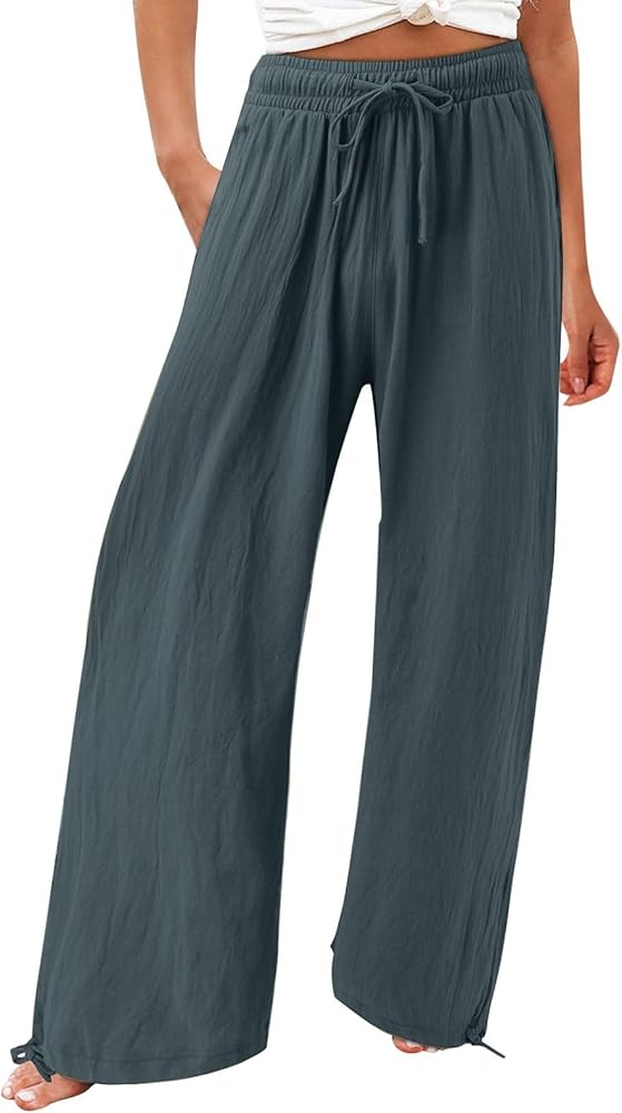 Womens Trousers High Waisted Drawstring Cotton Linen Pants Wide Leg Lounge Pants with Pockets