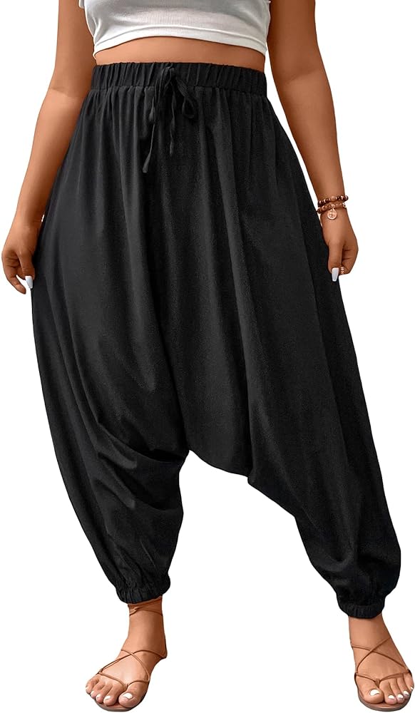 Verdusa Women's Plus Size Baggy Harem Pants Elastic Waist Loose Pant Trousers