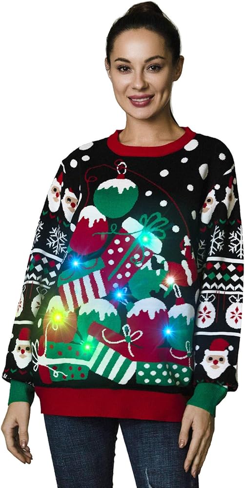 OFF THE RACK LED Christmas Sweater for Women, Unisex Men`s Ugly Xmas Pullover Festive Knitted for Party