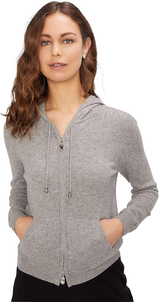 State Cashmere Women's 2-Way Zips Zip Up Hoodie Front Pocket 100% Pure Cashmere Long Sleeve Sweater Full Zipper