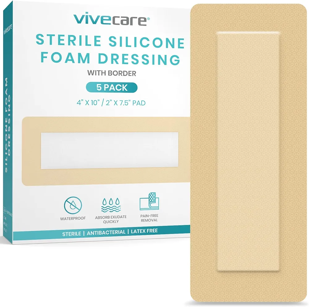 ViveCare Silicone Foam Dressing 4x10 with Border Adhesive - Bed Sore Bandage Foam Wound Dressing - Silicone Bordered Foam Dressing with Adhesive Border - Pressure Sore & Ulcer Wound Patches (5 Pack)