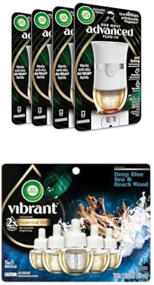 Air Wick Advanced Plug In Scented Oil Warmer (Pack of 4, Gadget Only) + 5ct Vibrant Refills Deep Blue Sea & Beach Wood