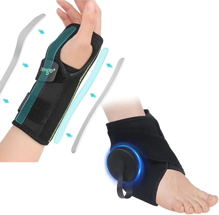 NEWGO Carpal Tunnel Wrist Brace Right Hand with Metal Splint Stabilizer for Sprained Wrist and Fillable Ice Pack for Ankle Injuries, Ice Bag for Ankle Pain Relief Reusable