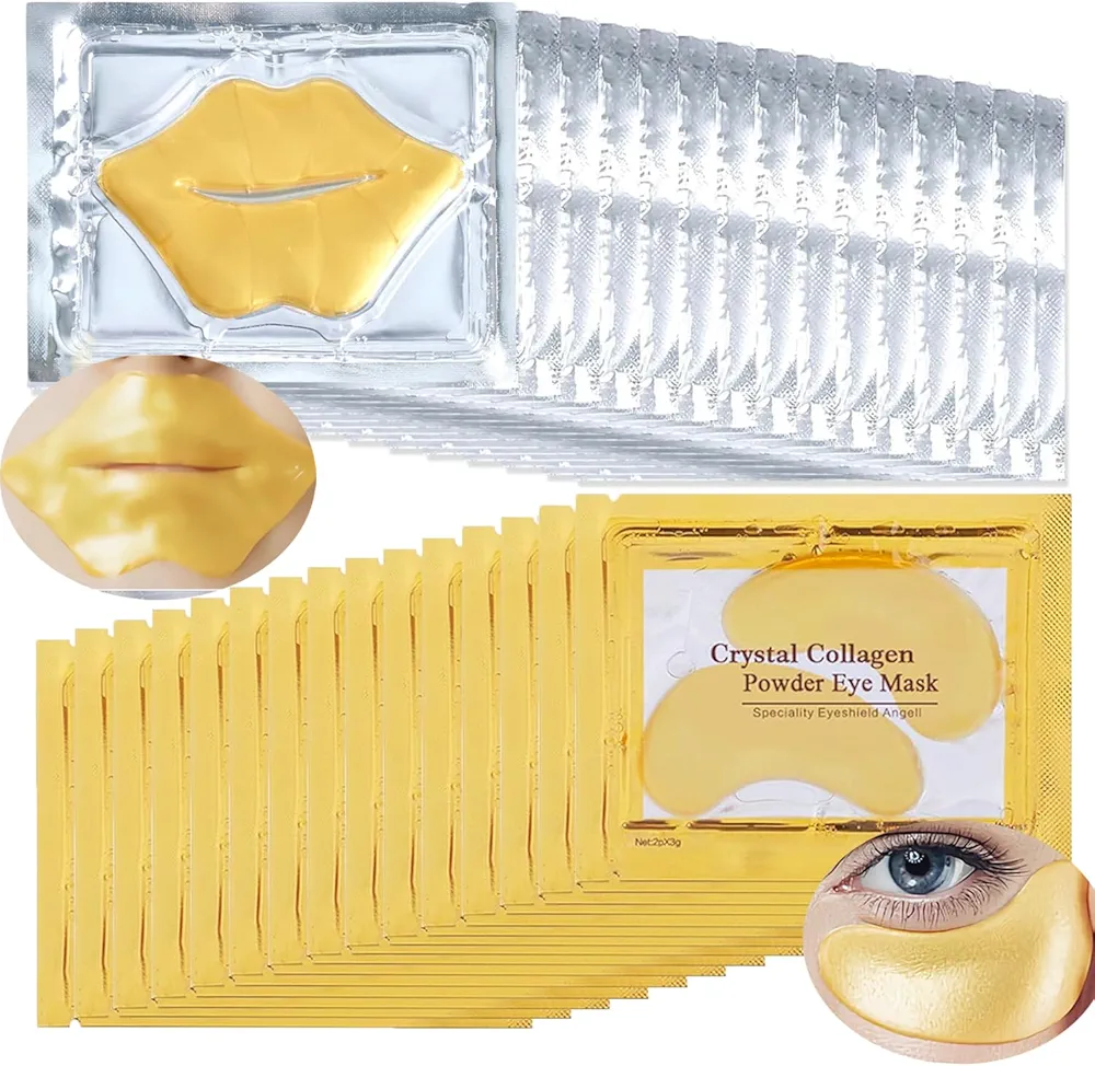 30 Pairs Lip Masks & Eye Mask,24K Collagen Crystal Under Eye Patches for Puffy Eyes,Dark Circles,Moisturizing& Reducing Fine Lines Lip Mask,Cooling Collagen Eye Masks Skincare for Women Men