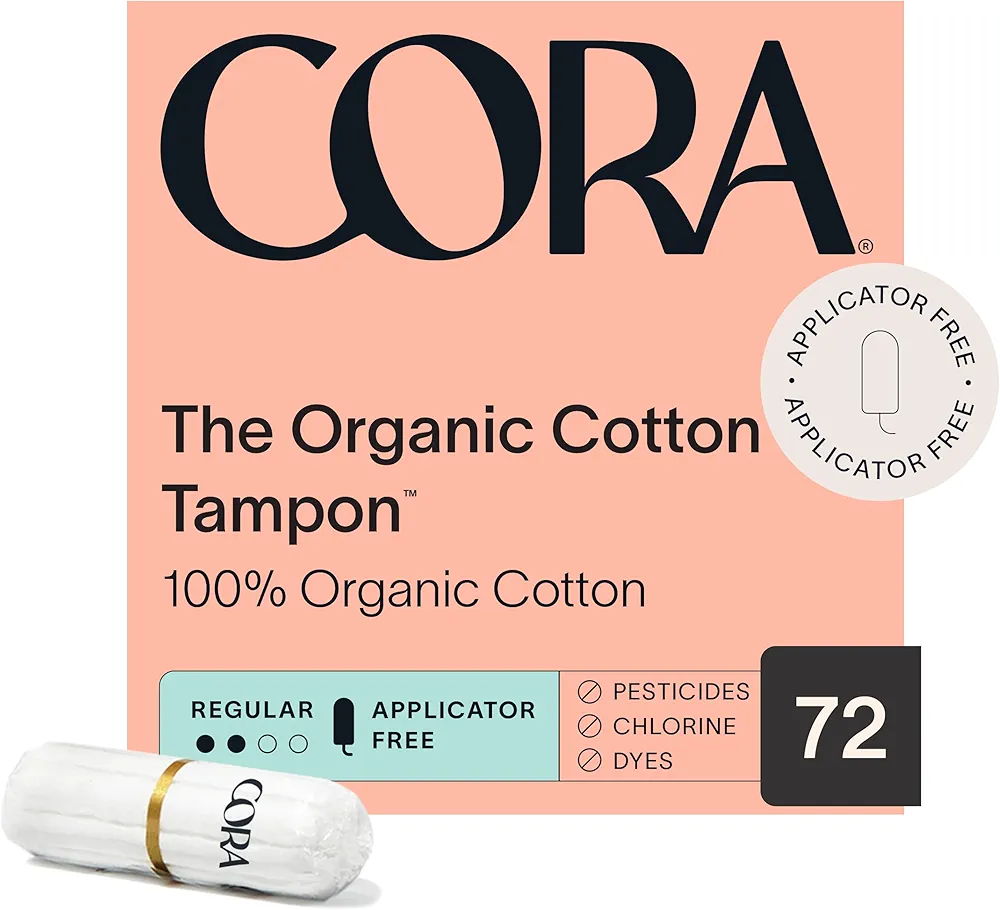 Cora 100% Organic Cotton Non-Applicator Tampons | Ultra-Absorbent, Unscented, Natural, Non-Toxic, Applicator Free | Eco-Conscious