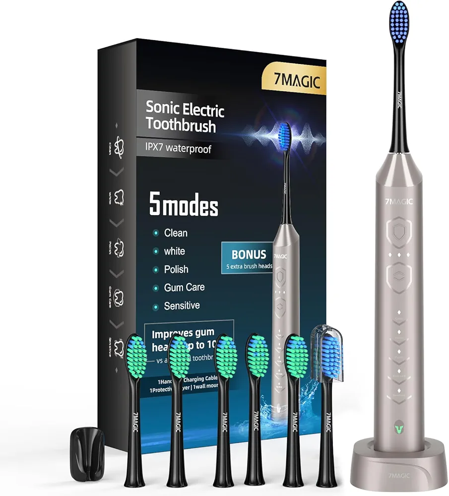 7MAGIC Electric Toothbrush for Adults, Sonic Toothbrush with 3 Intensity Levels & 5 Modes, 2-Min Smart Timer, Fast Charging Last 60 Days, Champagne Gold