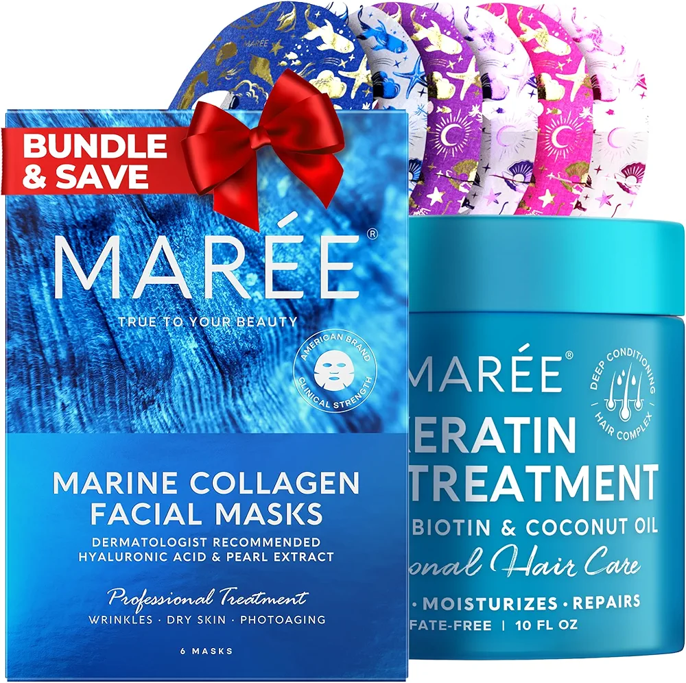 MAREE Bundle - Sheet Moisturizing Masks, Deep Hair Mask & Conditioner - Collagen & Hyaluronic Acid, Coconut Oil & Keratin - Hydrating Skin Care Mask & Moisturizing Conditioner for Dry Bleached Hair