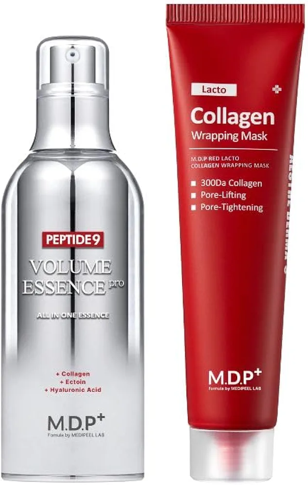 MDP+ PEPTIDE 9 ALL IN ONE ESSENCE PRO 3.38 fl.oz + RED LACTO COLLAGEN WRAPPING MASK 2.36 fl.oz | Aging Care, Moisturizing, Glowy Skin, Skin Elasticity, Pore Lifting