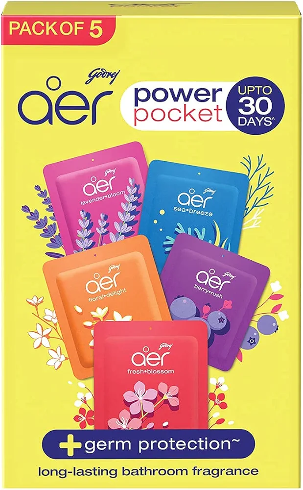 Power Pocket | Air Freshener- Bathroom and Toilet | Lasts Up to 30 days | Assorted Pack of 5 (50g)