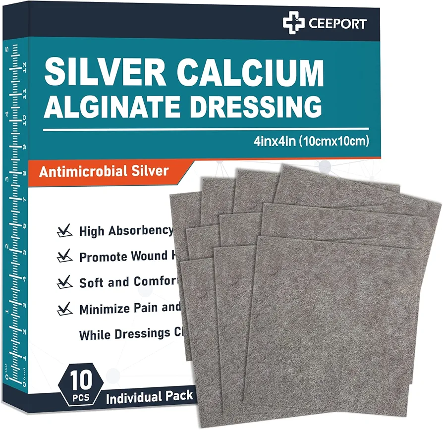 Ag Silver Calcium Alginate Wound Dressing Pads, 4''x4'' Patches, 10 Individual Pack, Soft Silver Dressings for Wound Care, Gentle Highly Absorbent Dressing, Non Stick Gauze Pads for Wounds