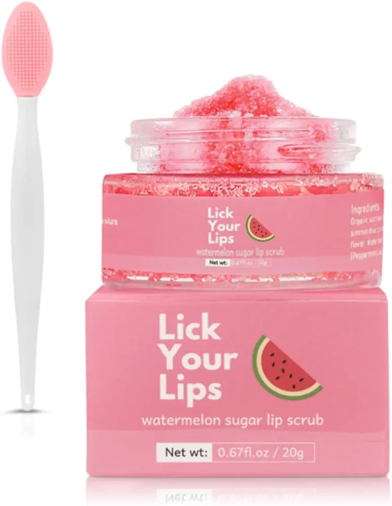 Watermelon Sugar Lip Scrub for Dry, Cracked and Dark Lips by Lick Your Lips – Organic Lip Scrubs Exfoliator and Moisturizer with Lip Brush – Vegan, Cruelty-Free Lip Care Product (20g)