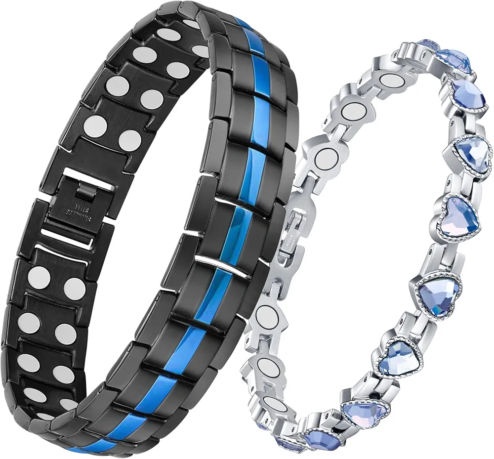 Feraco Magnetic Bracelets for Men Women Titanium Steel Double Row Strong Magnets Bracelet with Unique Blue Line, Adjustable Bracelet (Pack of 2)