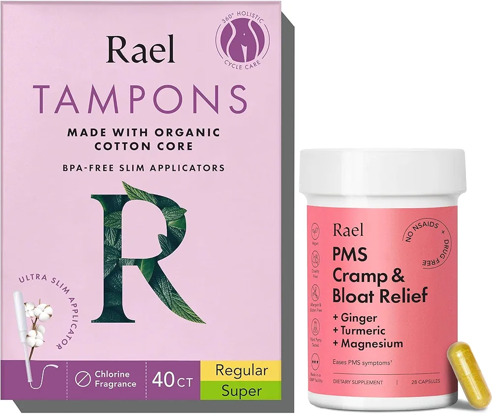 Rael Bundle - Slim Applicator Tampons Made with Organic Cotton Core, Multipack (Regular & Super, 40 Count) & PMS Supplement for Women (28 Capsules)