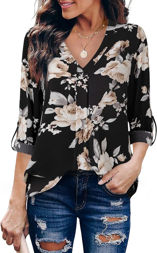 Youtalia Womens 3/4 Cuffed Sleeve Chiffon Printed V Neck Casual Blouse Shirt Tops