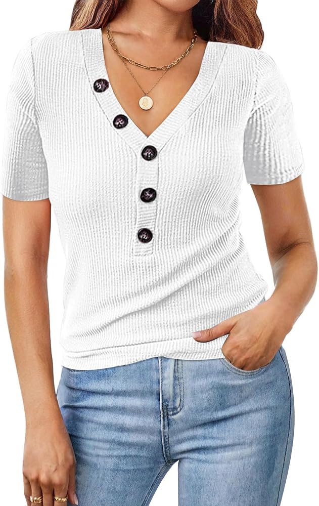 MEROKEETY Women's Short Sleeve V Neck Ribbed Button Tops Basic Solid Color Tee Shirts