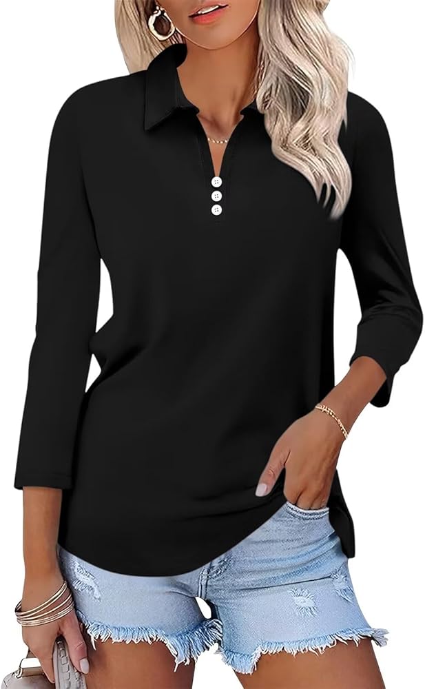 ORANDESIGNE Women's 3/4 Sleeves V Neck Tops Polo Button Shirts Casual Summer Basic Cute Tees