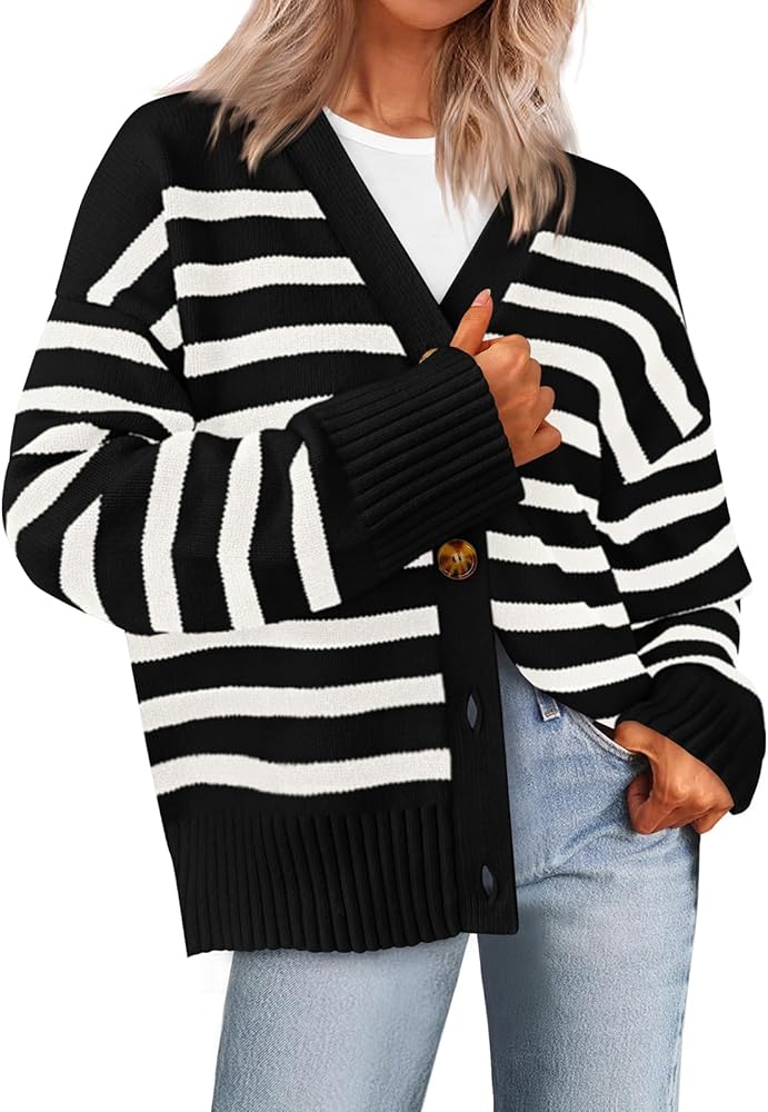 PRETTYGARDEN Women's Long Sleeve Striped Open Front Cardigan Sweaters Button Down Knit Lady Jackets 2024 Fall Outfits