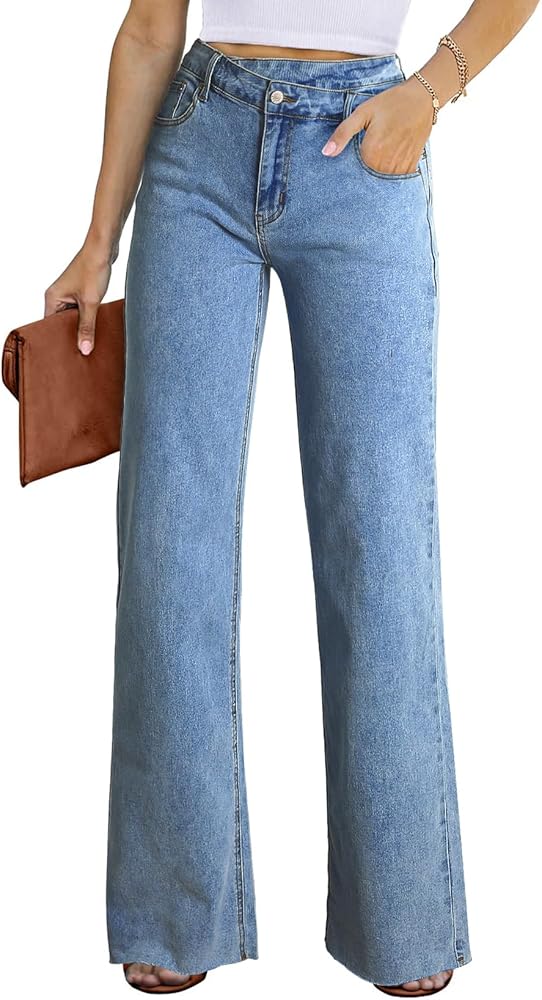 Astylish Womens Baggy Wide Leg Casual Jeans Crossover Waisted Stretchy Boyfriend Y2K Denim Pants