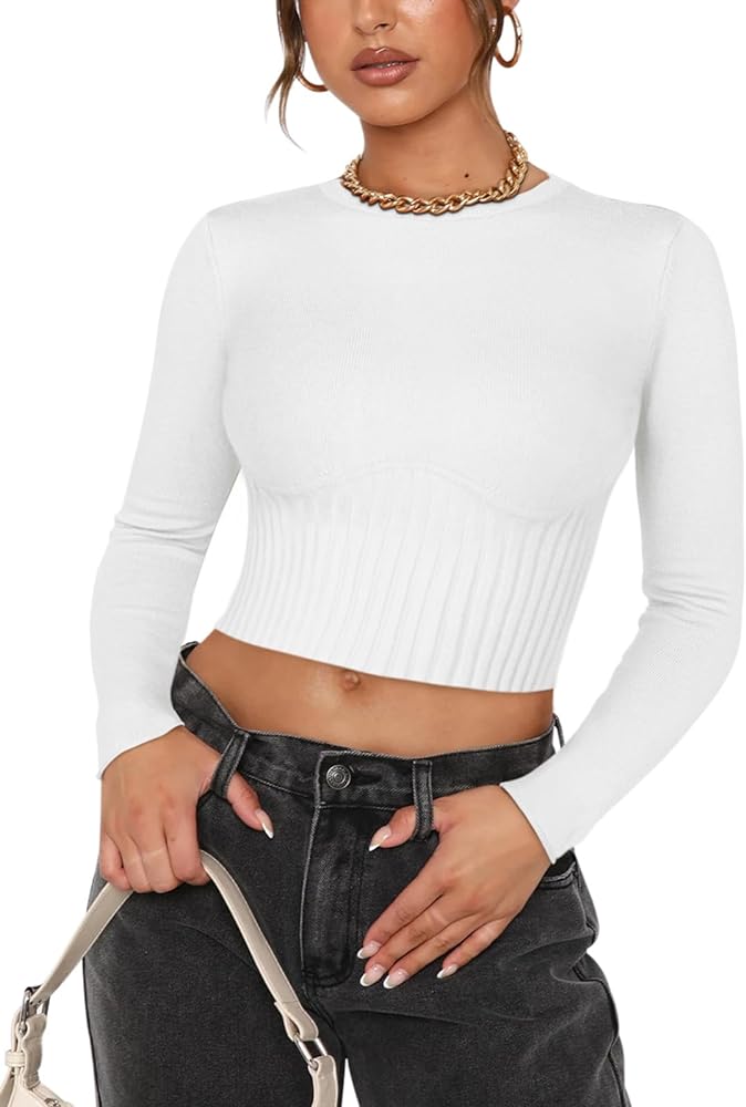 REORIA Women's Trendy Fall Crew Neck Cropped Sweater Long Sleeve Ribbed Knit Pullover Basic Crop Tops