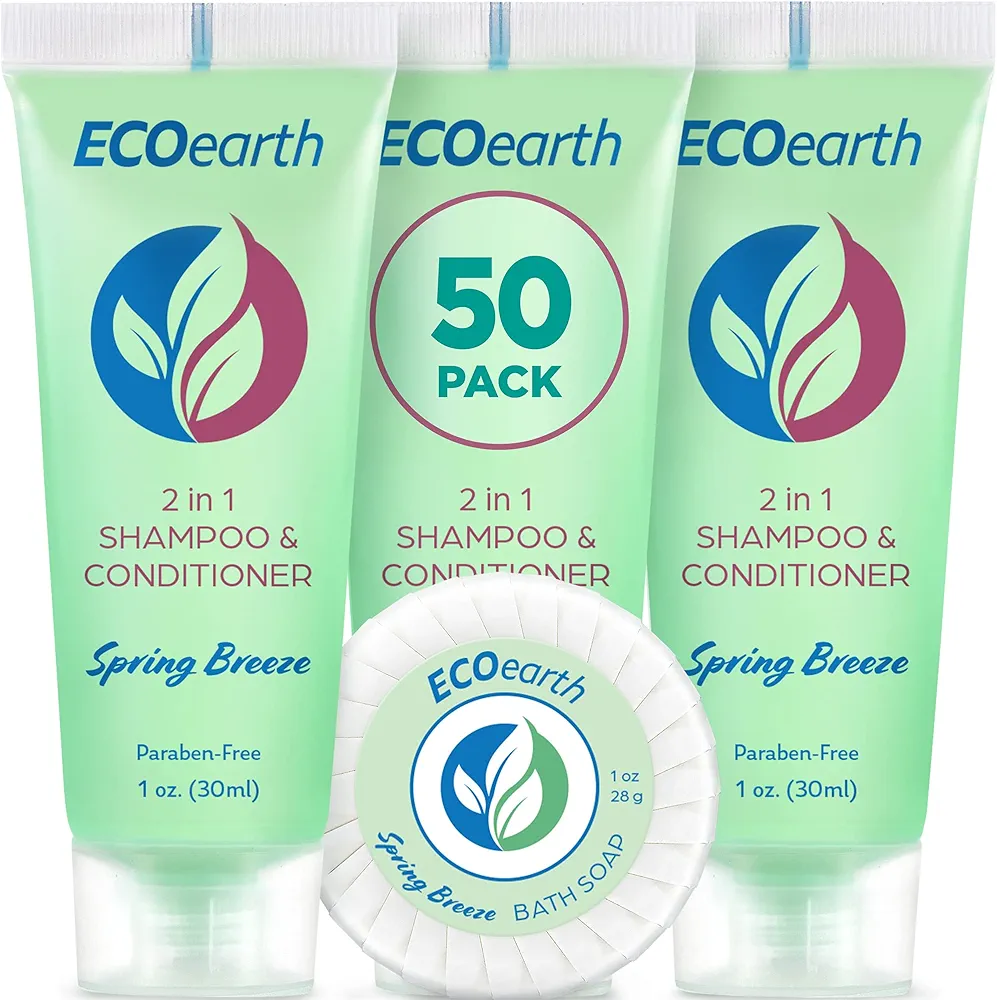 EcoEarth Round Soap Bars, 2in1 Shampoo & Conditioner 2-Piece Set (Spring Breeze, 1 oz each, 100 pc), Delight Your Guests with Revitalizing & Refreshing Hotel Toiletries & Hotel Amenities