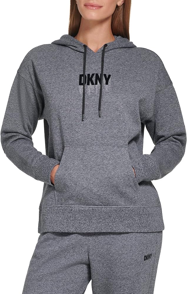 DKNY Women's Ivory Cotton Blend Ribbed Pocketed Attached Hood Drawstring Long Sleeve Hoodie Sweater