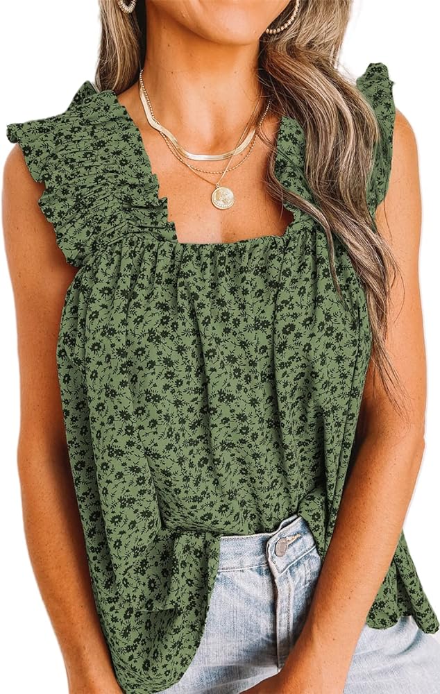 PRETTYGARDEN Boho Floral Tank Tops for Women, Shirred Straps Pleated Summer Casual Sleeveless Shirts Tops Beach Blouses