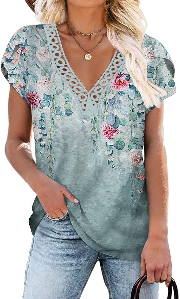 Women's Short Petal Sleeve Shirts V Neck Lace T Shirt Loose Fit Tops