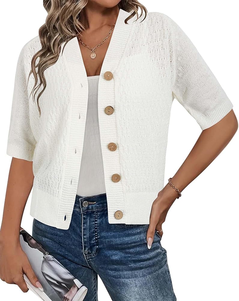 Arach&Cloz Womens Lightweight Cardigan Short Sleeve Shrugs Button Crochet Knit Fashion Sweaters Tops Cozy Clouds