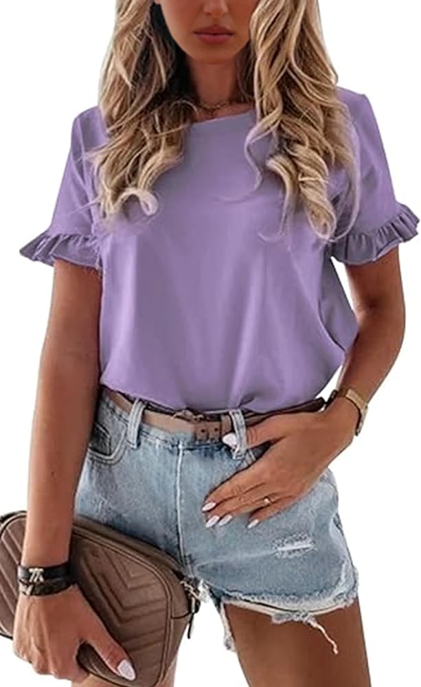 ECOWISH Womens Casual Ruffle Tops: Short Sleeve Summer Blouses Soild Crewneck Tunics Shirts