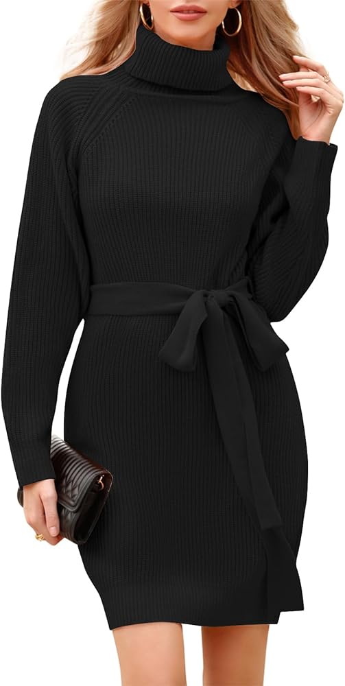 Womens Sweater Dress Turtleneck Long Sleeve Ribbed Knit Tie Waist Slim Fit Bodycon Pullover Fall Sweater Mini Dresses