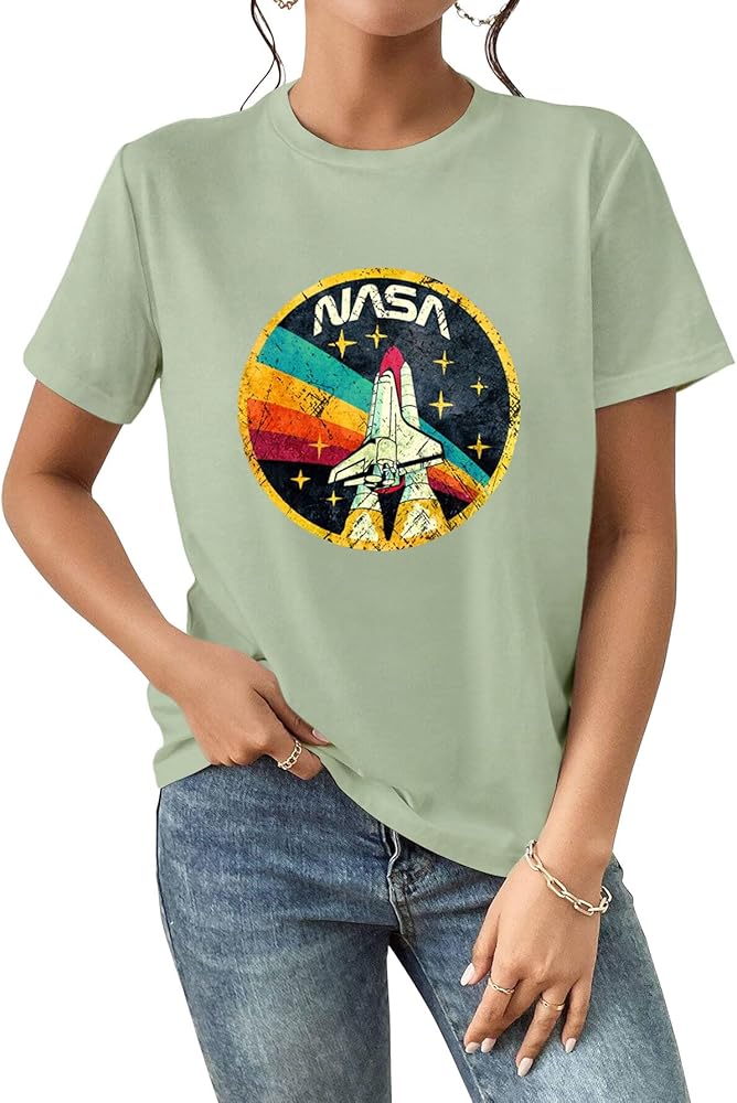 Nicetage Women Vintage Space Shuttle Graphic T-Shirt NASA Letter Print Shirt Casual Tee Tops