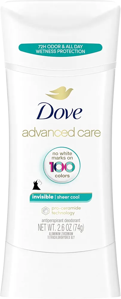 Dove Advanced Care Antiperspirant Deodorant Stick Sheer Cool Anti-stain antiperspirant deodorant for soft underarms All-day sweat and 72-hour odor protection 2.6 oz