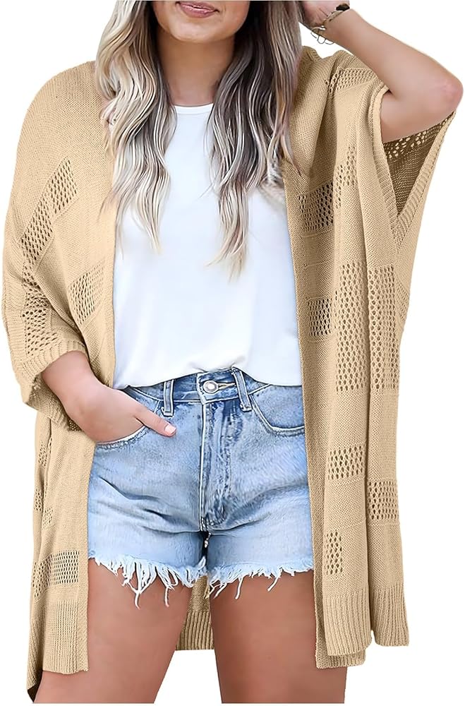 Eytino Plus Size Women Cardigan Boho Crochet Half Sleeve Lightweight Soft Oversized Open Front Knit Kimono Tops(1X-5X)