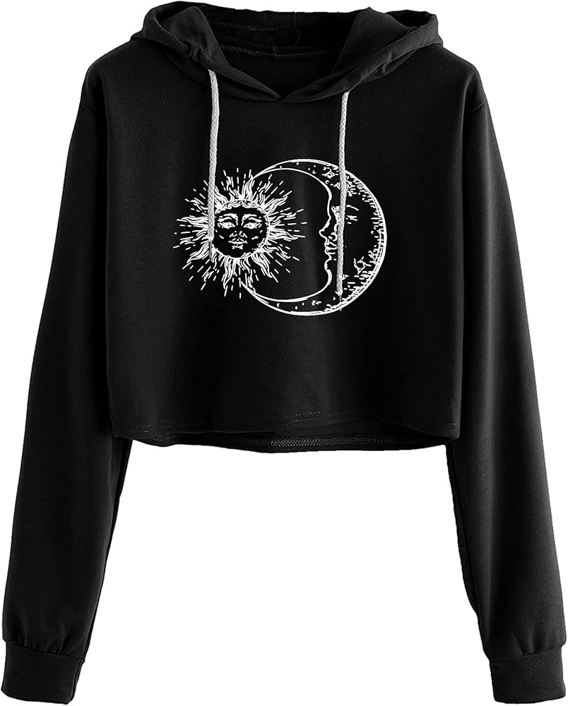 Remidoo Women's Casual Sun and Moon Print Hoodie Long Sleeve Crop Top Sweatshirt