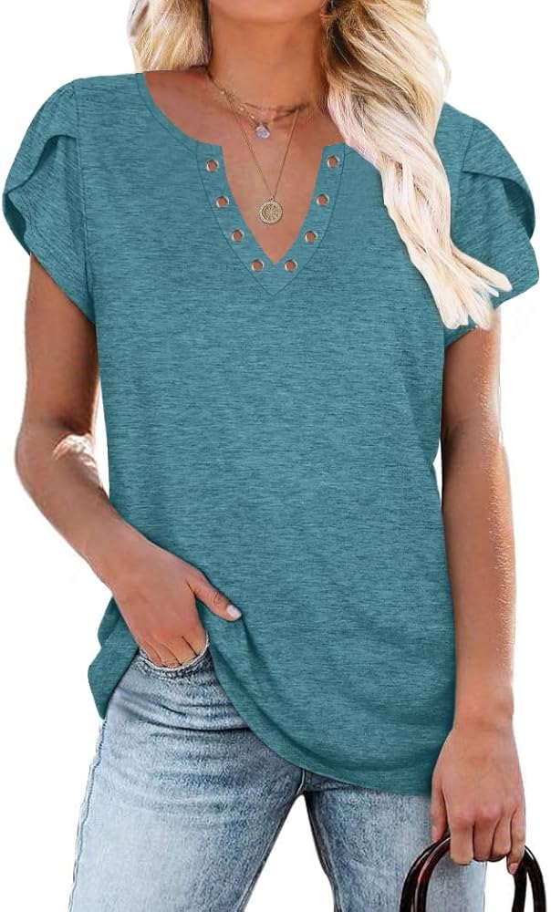 Womens Basic Casual T-Shirts Ring Hole V Neck Petal Short Sleeve Tops Loose Comfy Tunic Tops