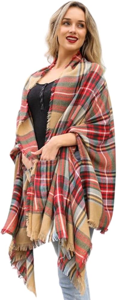 TD Collections Women's Plaid Pocket Wrap Shawl - Multicolor Open Front Cardigan Ruana Wrap Shawl Poncho Winter Sweater