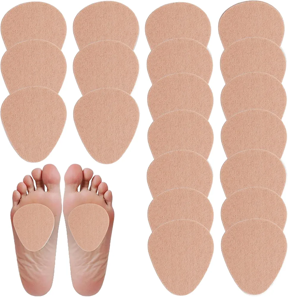 20 Pcs Metatarsal Felt Foot Pads Insert Pads Ball of Foot Cushion Pain Relief Adhesive Pads Forefoot and Sole Support for Men and Women 1/4 Inch Thick(Skin Color)