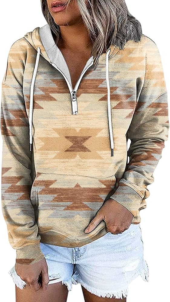 RMXEi Women’S Casual Geometric Horse Print Long Sleeve Drawstring Pullover Tops, Ethnic Style Hooded Sweatshirt