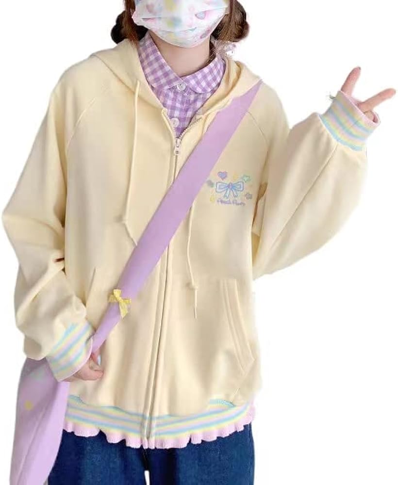 Women's Japanese Sweetheart Embroidery Candy Lace Hem Loose Kawaii Zipper Hoodie Girls' Thin Top Hoodie