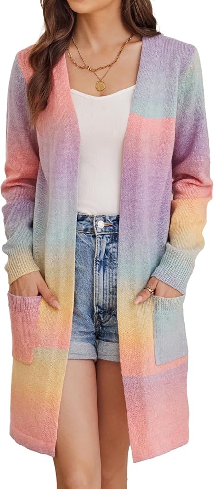 GRACE KARIN Womens Rainbow Sweater Open Front Lavender Haze Outfit Long Sleeve Cardigan with Pockets