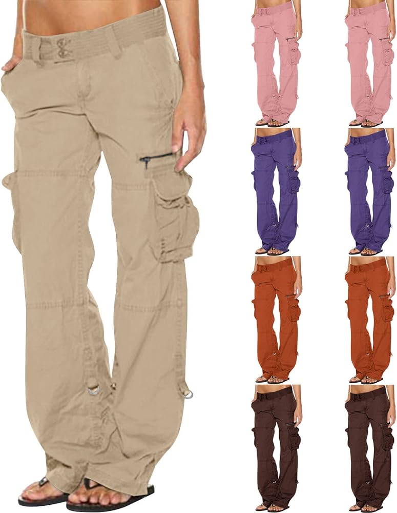 SMIDOW Low Rise Cargo Pants for Women Plus Size Baggy Stretchy Wide Leg Pants Pockets Y2K Streetwear Combat Military Trousers