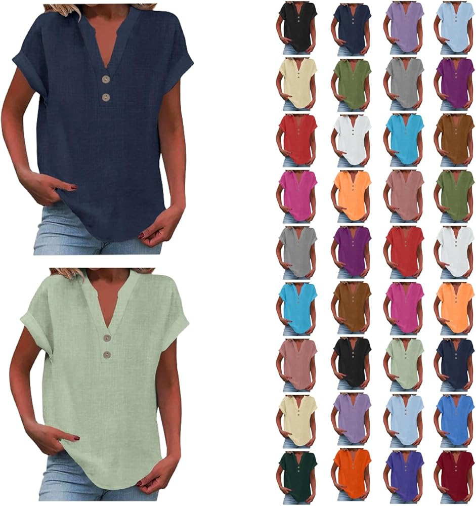 Wirziis Womens Button Down Linen Shirt Dressy Cotton Cap Sleeve T-Shirt Casual V Neck Tunic Tops Loose Baggy Linen Blouses