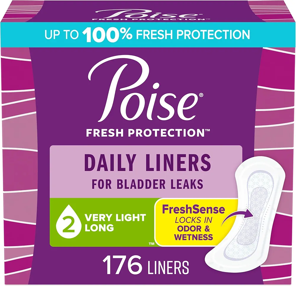 Poise Daily Liners, Incontinence Panty Liners, 2 Drop Very Light Absorbency, Long Length, 176 Count of Pantiliners (4 Packs of 44), Packaging May Vary