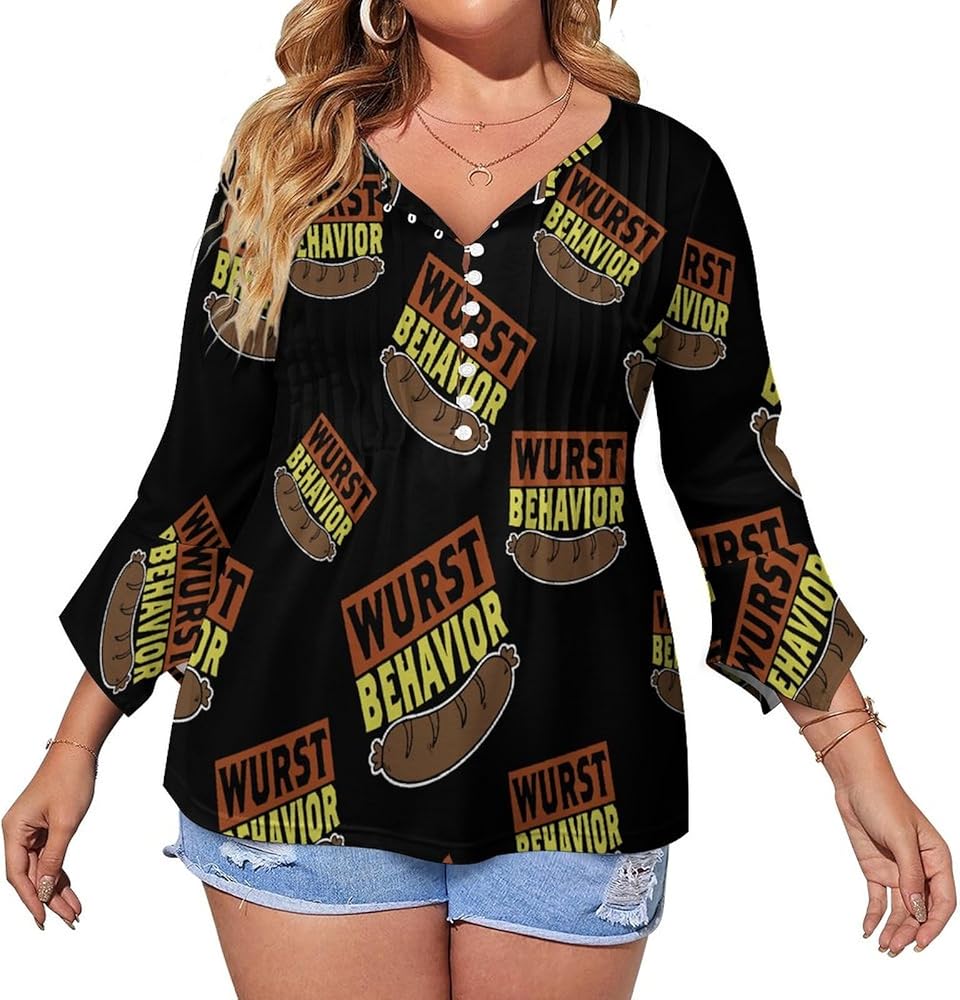 Wurst Behavior Oktoberfest Cute Womens T-Shirts 3/4 Sleeve Button Down Tee Tops Blouse Summer Beach