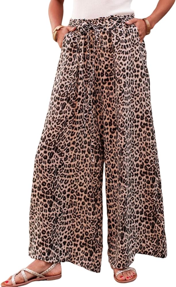 LEMAFER Women's Desert Palm Boho Leopard Wide Leg Pants Casual High Waist Shift Pants