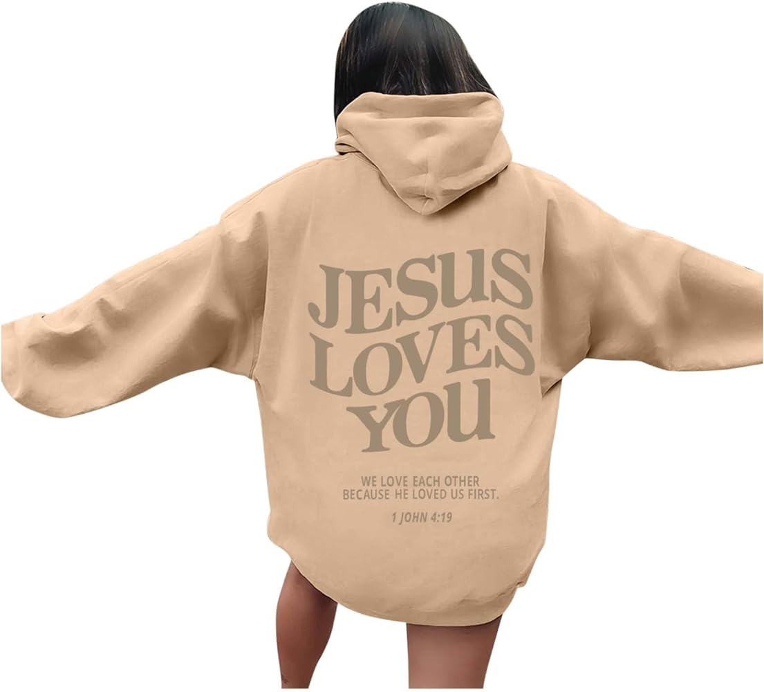 Trendy Hoodies for Women Jesus Loves You Letter Print Pullover Top Oversize Hooded Sweatshirts with Pocket Long Sleeve Hoodie Womens Hoodies Pullover (A10 Khaki,M)