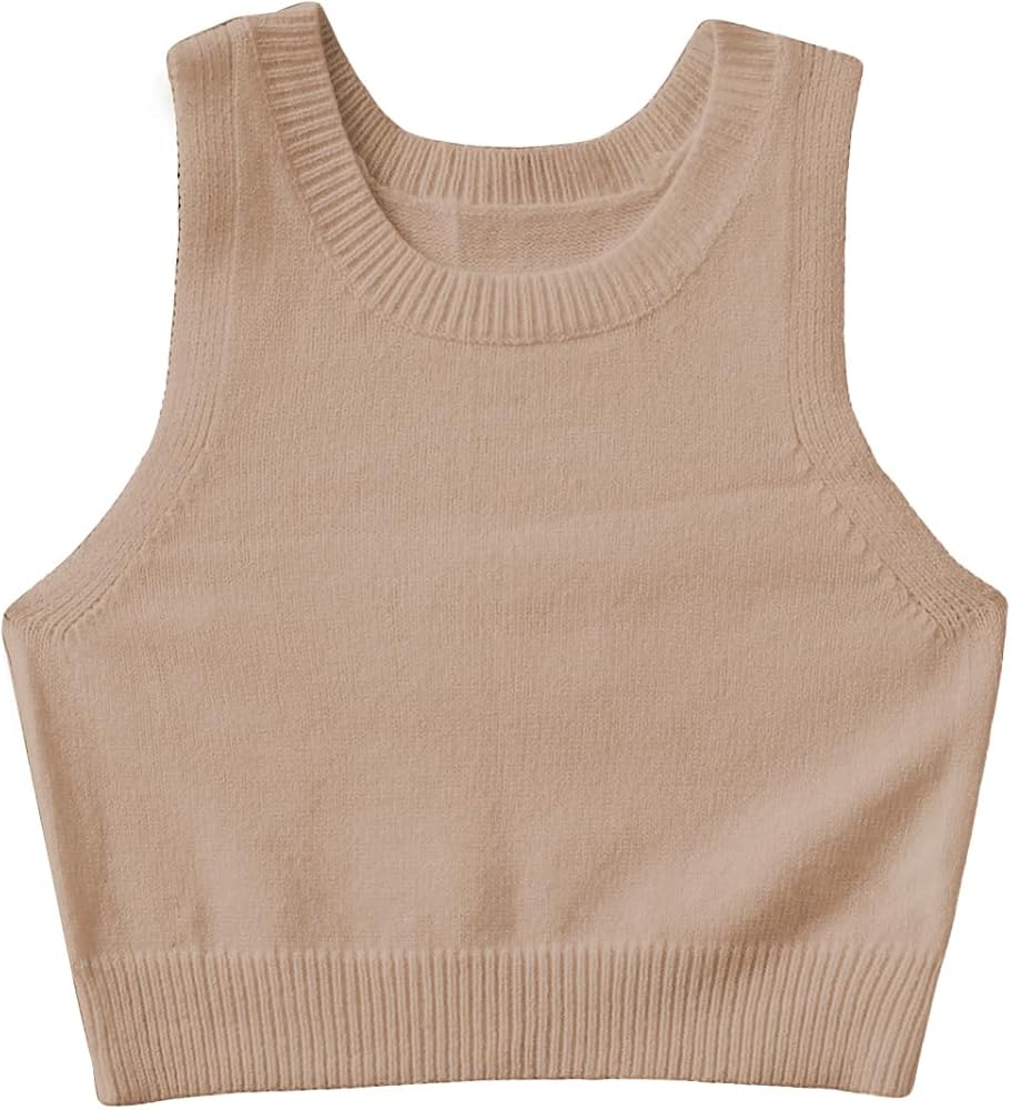 Verdusa Women's Round Neck Sleeveless Knit Sweater Vest Pullover Crop Tank Top Khaki XL