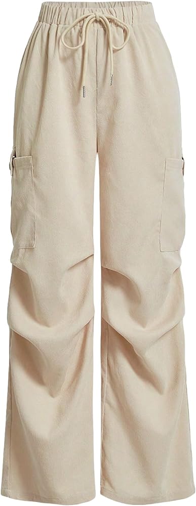 Verdusa Women's Drawstring Waist Straight Leg Cargo Pants Loose Long Trouser with Pocket