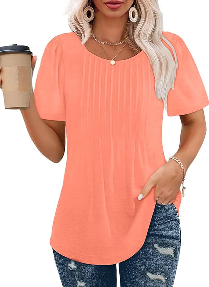 AGSEEM Womens T Shirts Short Sleeve Pleated Dressy Casual Scooped Neck Summer Tops Blouses