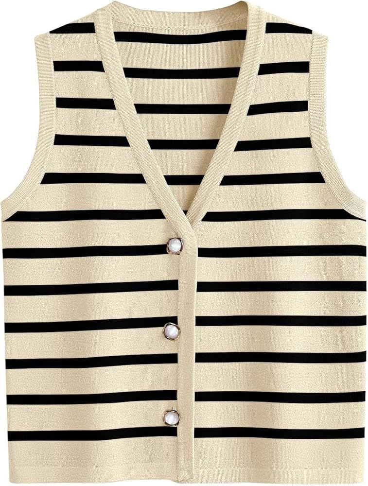 Striped Sweater Vest Women Summer Sleeveless V Neck Button Up Knit Vests Tank Tops 2024